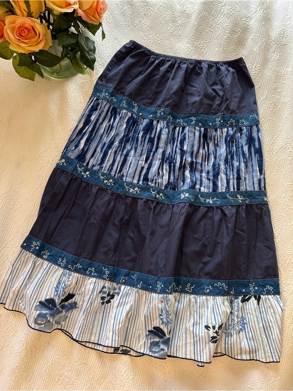 Requirements Navy Blue Tiered Maxi Skirt with Light Blue Floral Panels